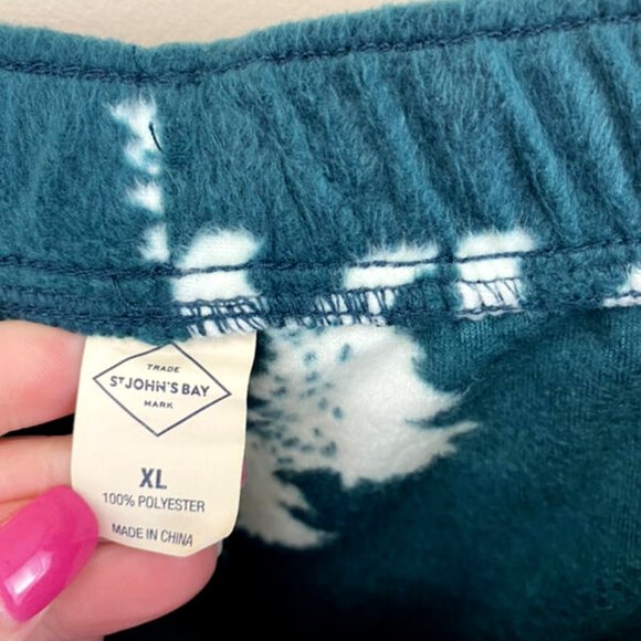 NWT St Johns Bay XL Green White Fleece Lounge Pajama Pants Bear Pine Tree - Picture 5 of 5